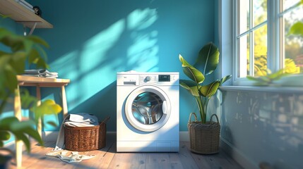 A trendy and functional laundry room with a white washer and dryer, a blue wall, a folding table, and a basket of clothes.