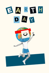 Vertical creative photo collage of headless man globe instead of head hold cup celebrate earth day isolated white color background