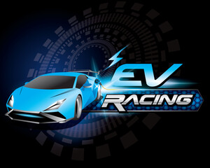 Obraz premium Design logo concept Racing with Power cable pump plug in charging power to electric vehicle EV car.