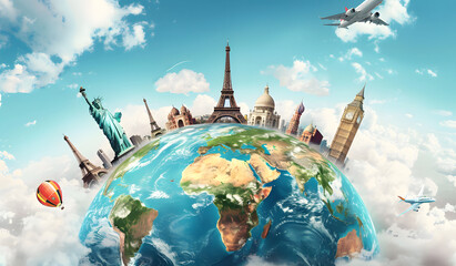 Illustration of a trip around the world, featuring famous landmarks on a globe. The artwork showcases various iconic monuments and creates a world travel background. - obrazy, fototapety, plakaty