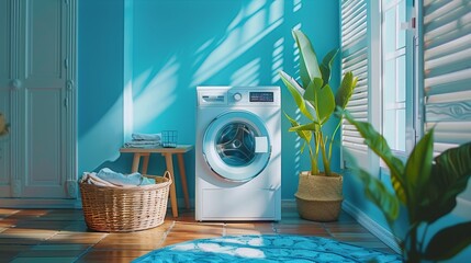 A trendy and functional laundry room with a white washer and dryer, a blue wall, a folding table, and a basket of clothes. - obrazy, fototapety, plakaty