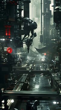 Alien Robot Performing Complex Task in Futuristic Factory Amidst Cyberpunk Cityscape