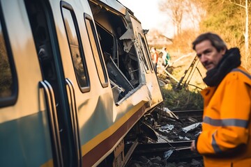 A man in a yellow jacket stands near a train that has been in an accident