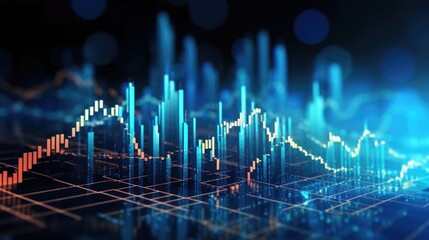 Dynamic financial chart representation with glowing blue bars.