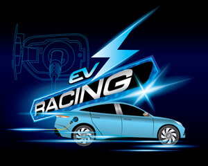 Design logo concept Racing with Power cable pump plug in charging power to electric vehicle EV car.