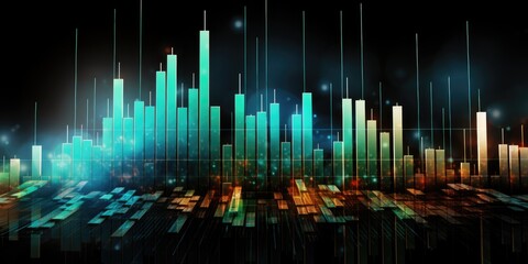 Dynamic financial chart representation with glowing blue bars.