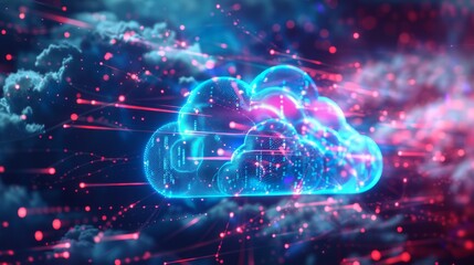 Fototapeta premium Futuristic technology concept, cloud computing concept. Technological interface and clouds. On dark background.
