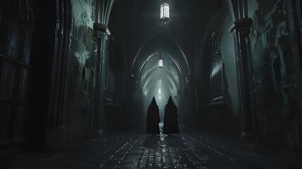 Dark Gothic Nuns Await at the End of Medieval Castle Corridor - obrazy, fototapety, plakaty