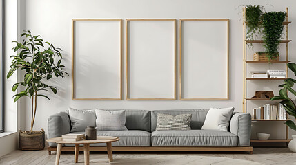 Multi opening Collage shape mockup photo frame bamboo border, on book shelf in modern living room,...