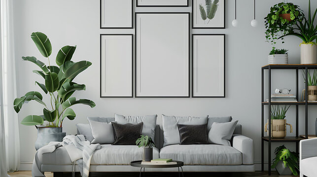 Multi opening Collage shape mockup photo frame plastic border, on book shelf in modern living room, 3d render
