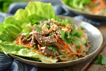 Beef salad with vegetables and sesame seeds. Healthy Asian cuisine.