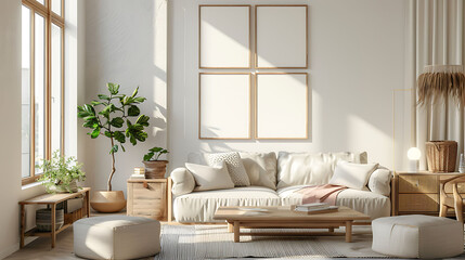 Multi opening Collage shape mockup photo frame wooden border, on chest drawer in modern living room, 3d render