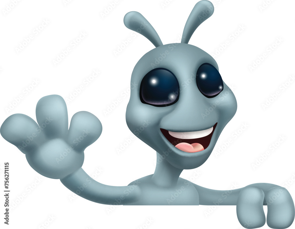 Poster an alien grey or gray fun cartoon character mascot