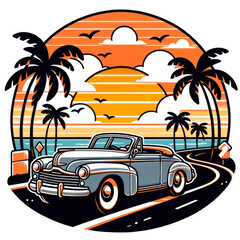 Vintage Car Tropical Sunset Road Trip
