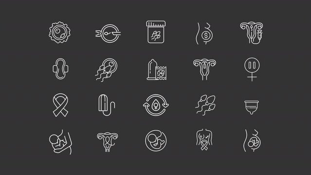 Reproduction care animation library. Menstrual healthcare animated white line icons. Feminine hygiene products. Isolated illustrations on dark background. Transition alpha. HD video. Icon pack