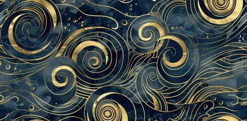 Oceanic Elegance - Navy Blue and Gold Swirls Japanese Fabric Design