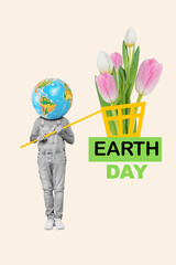 Congratulations collage of headless absurd man celebrate ecological planet earth day catch tulips...