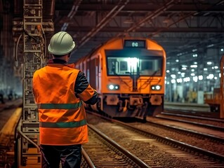 A man in an orange vest stands on the tracks next to a train