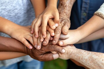 close-up of diverse people joining their hands together