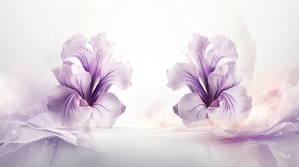 Iris flowers double exposure greeting card template with copy space in pastel tones