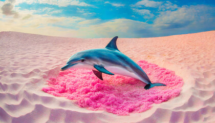 핑크빛 바다에 떠오른 돌고래 - obrazy, fototapety, plakaty