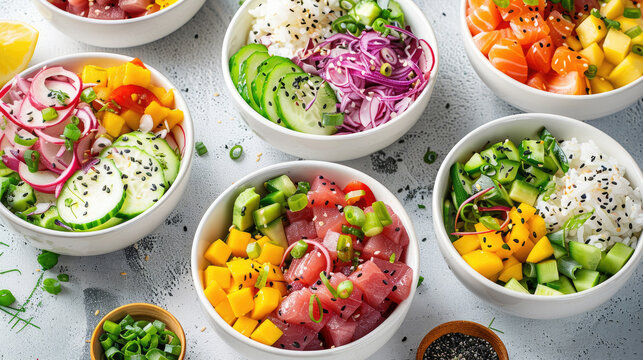 Hawaiian poke bowls on the table with seafood, salad, cucumbers tomatoes rice, fish with sauce.