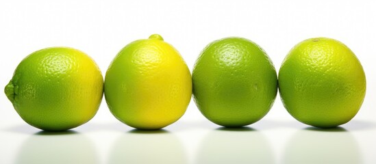 Four seedless fruits, lemons and limes, are arranged in a row on a white surface. These citrus fruits are natural foods and staple ingredients in many dishes