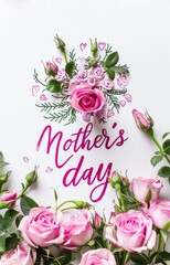 Mother's day - calligraphy lettering on background with pink flowers. Holiday greeting card, poster, banner concept.