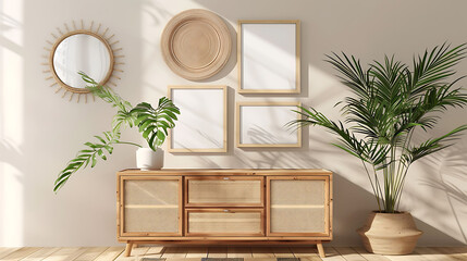 Multi opening Collage shape mockup photo frame bamboo border, on dresser in modern living room, 3d...