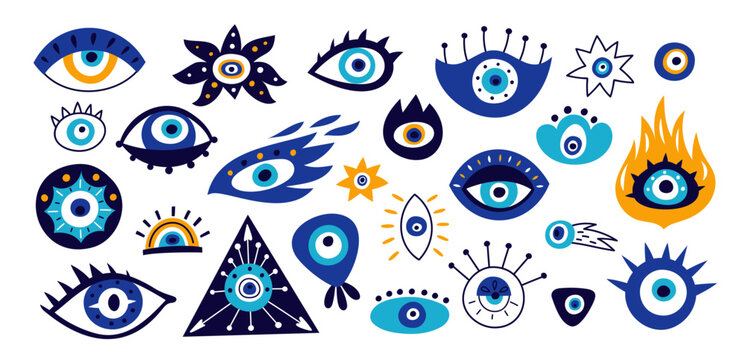 Evil eyes. Turkish or Greek talisman icons. Magical amulets. Hamsa esoteric symbols. Blue color Fatima eyeballs with lashes. Traditional occult souvenir. Fire sight. Garish vector set
