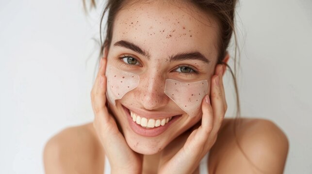 Happy beautiful girl with acne smiling on a white background in a cosmetic mask black