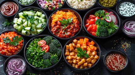 Nutritious buddha bowls filled with balanced food including spicy chickpeas and tomatoes, carrots and cucumbers, greens on dark table background. Ingredients for the bowls