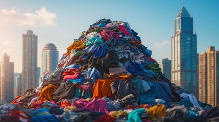 Huge pile of clothes against the backdrop of city skyscrapers. Environmental costs of fast fashion. Recycling textiles. Concept of excessive consumerism. - obrazy, fototapety, plakaty