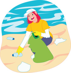 girl cleaning the beach vector illustration