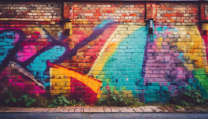 Fototapeta premium Old wall painted graffiti drawing aerosol paints. City graffiti backdrop, street art background