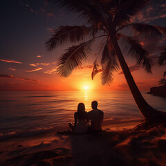 Romantic couple sitting on beach at sunset