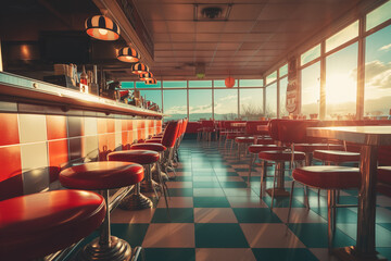 Retro, vintage and stools with interior in a diner, restaurant or cafeteria with funky decor in the sunset light. Concept of past time and old fashioned cafe. Selective focus.