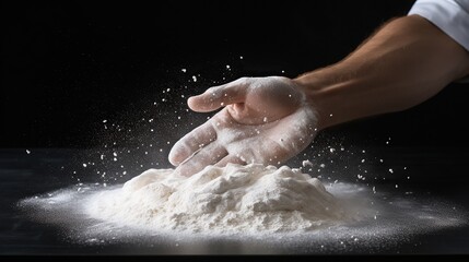 Chef's hands are making dough with white flour on black background. Concept of chef is preparing...