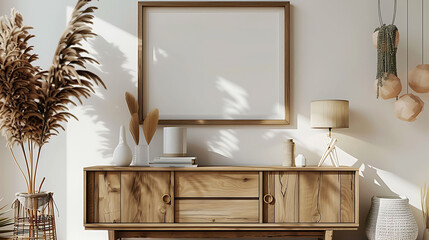 Multi opening Collage shape mockup photo frame fabric border, on dresser in modern living room, 3d render