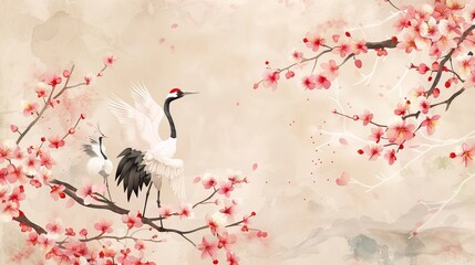 Chinese cloud decoration banner design in vintage style. Crane birds modern. Chinese background with watercolor texture painting. Branch of cherry blossom pattern.