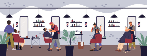 Barbershop hipster interior with visitors. Professional hairdressers cut hair and shave moustache. Combed clients on armchairs. Bearded men. Hairstyle beauty salon. Garish vector concept