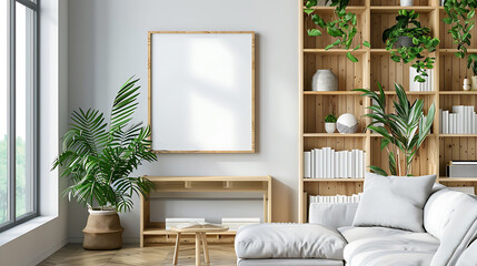 Multi opening Collage shape mockup photo frame bamboo border, on bookcase in modern living room, 3d render