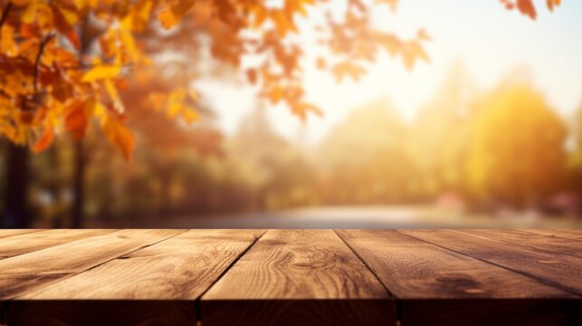 An empty brown wooden countertop on a blurred autumn background on a sunny day. Layout, Template for Product presentation, Advertising, Copy space.
