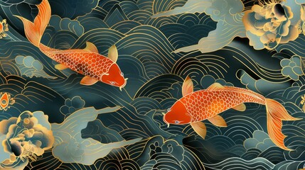 Modern Japanese background with gold fish. Asian pattern with icon elements. Vintage water and river template. - obrazy, fototapety, plakaty