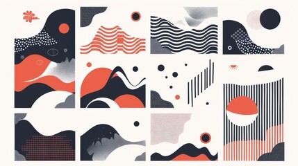 This set of geometric modern graphic elements modern features Asian icons with Japanese patterns. Abstract banners with flowing liquid shapes. This template can be used for logo design, flyers, and
