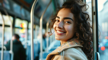 An urban smiling young woman on a public bus