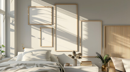 Multi opening Collage shape mockup photo frame glass border, on bedside table in modern living room, 3d render