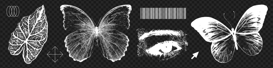Trendy natural elements collection with a retro photocopy effect. Negative images of butterflies, leaf, eye. Y2k elements for design. Grain effect and stippling. Vector dotted brutal illustration.