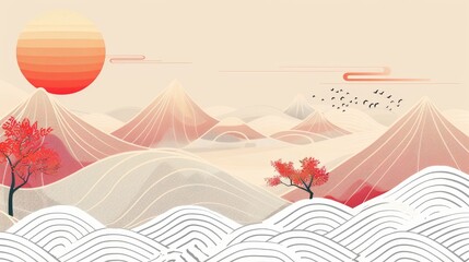 Modern abstract landscape background with line pattern. Japanese wave template with oriental flair.