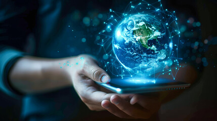 Man hands holding a tablet, earth globe communications symbol over the screen